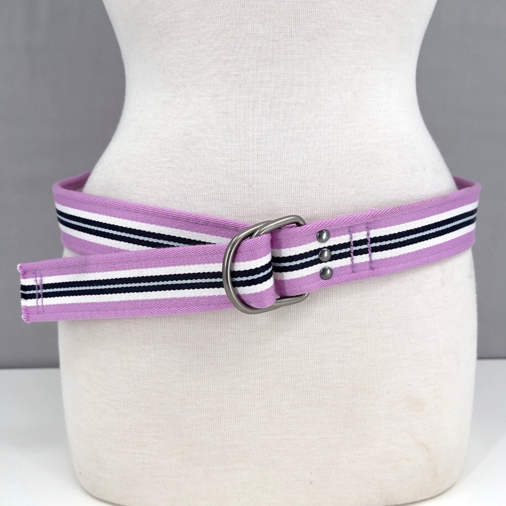 Unisex Webbed D-Ring Belt Purple White Black Striped 51in One Size Preppy Y2K